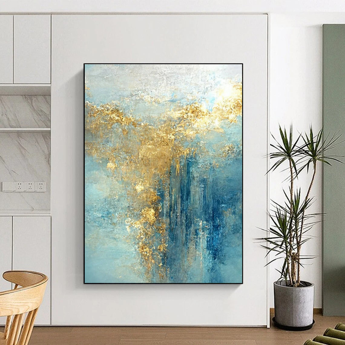 Hand-Painted Blue & Gold Textured Abstract, Large Contemporary Wall Art HS227