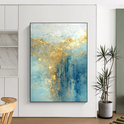 Hand-Painted Blue & Gold Textured Abstract, Large Contemporary Wall Art HS227