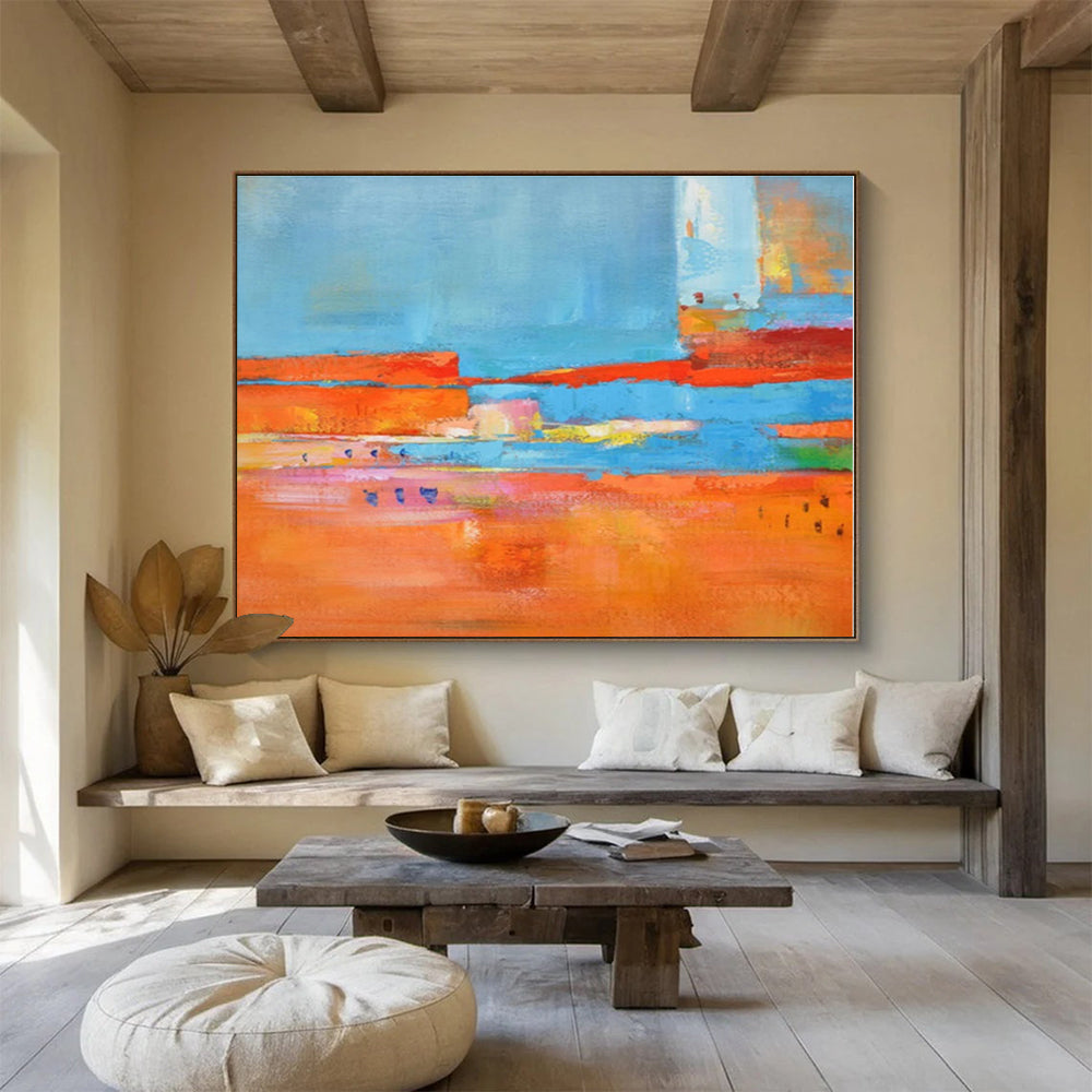 Oversized Canvas Art Blue, Orange and Red Abstract Landscape Painting WB099