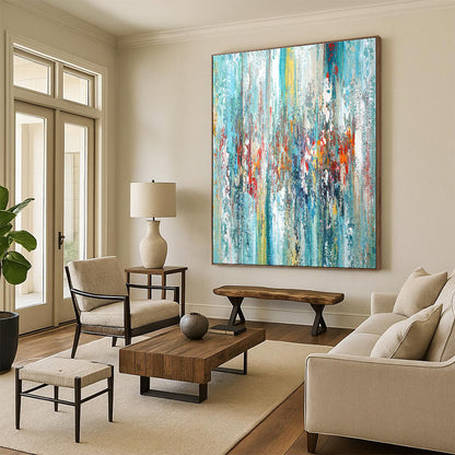 Hand-Painted Turquoise, Red & Yellow Abstract Vertical Strokes Art HS381