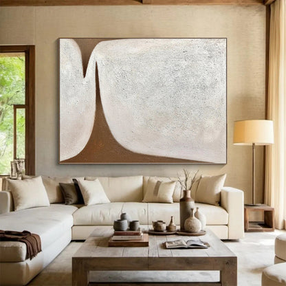 Hand-Painted White and Brown Abstract Shape Painting For Sale HS039