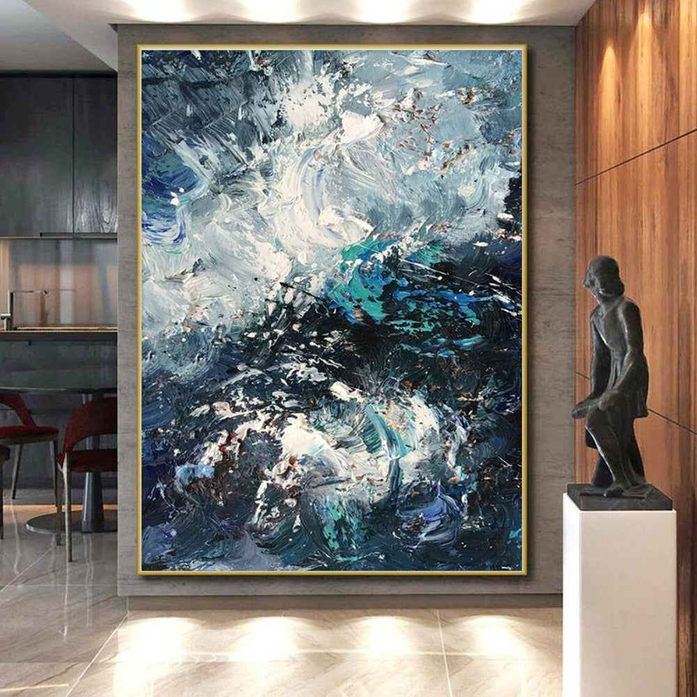 Handmade Art Blue, Teal, and White Textured Abstract Art HS756