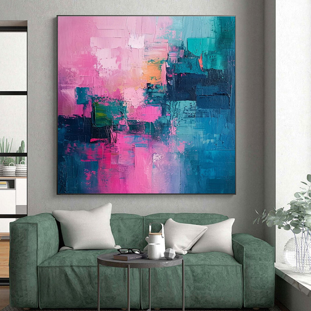 Hand Painted Art Pink & Teal Textured Blocks, Large Painting In Living Room HS225