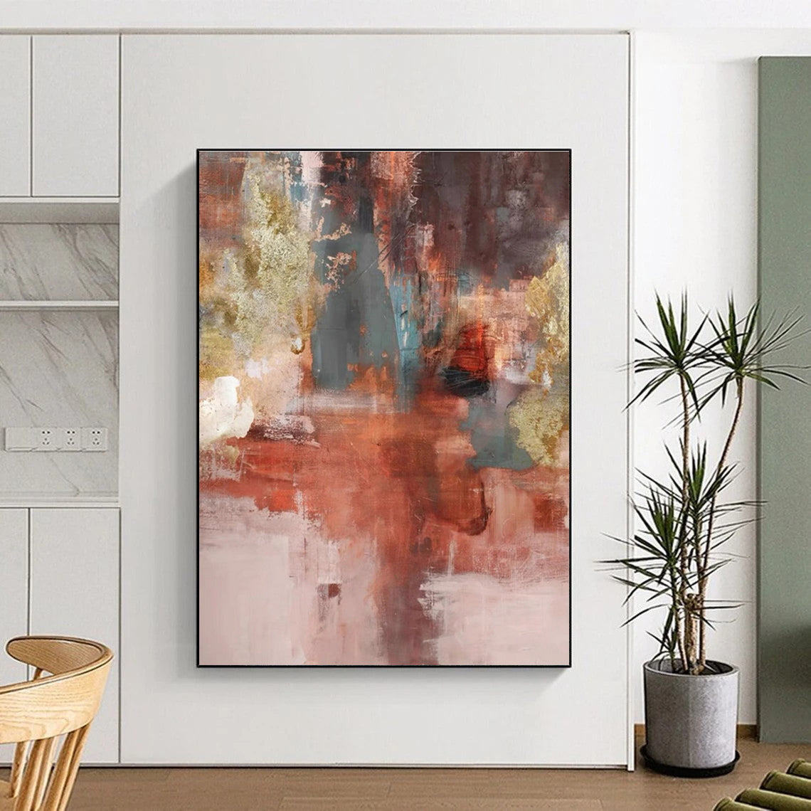 Large Contemporary Wall Art with Red, Gray, Gold, Beige - Unique Abstract Art for Living Room HS508