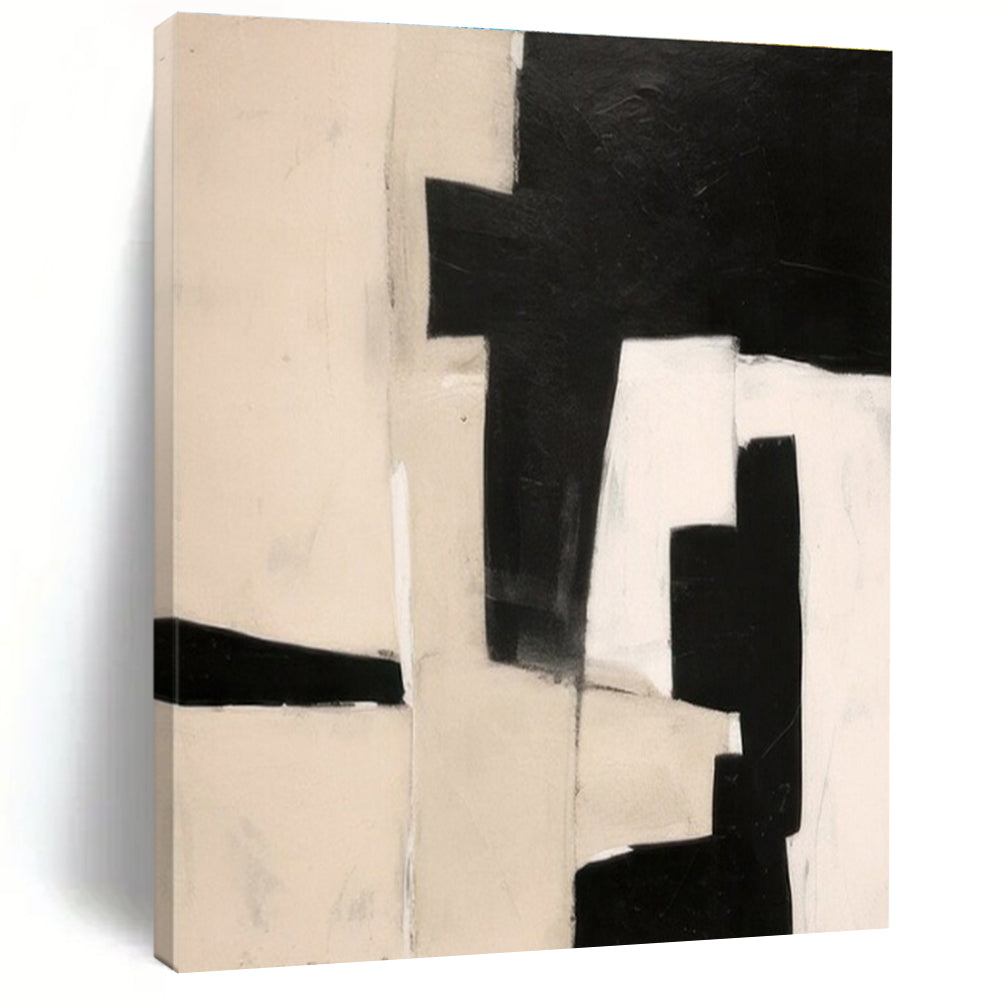 Large Contemporary Wall Art Black, White, and Beige Geometric Abstract Art HS667
