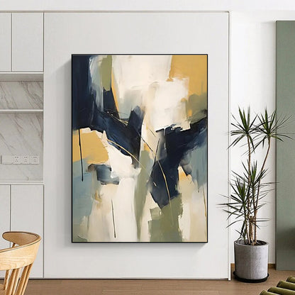 Hand-Painted Navy, Yellow & White Gestural Abstract, Acrylic Modern Art Painting HS230