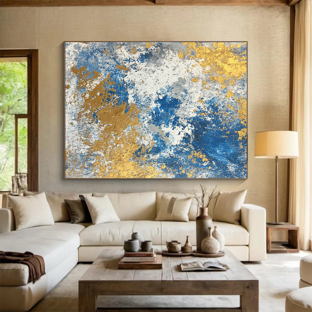 Huge Size Blue, White, and Gold Abstract Textured Painting For Sale HS117