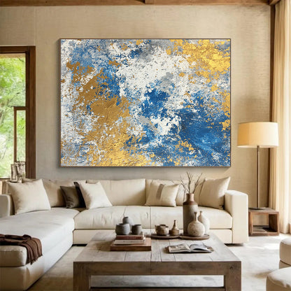 Huge Size Blue, White, and Gold Abstract Textured Painting For Sale HS117