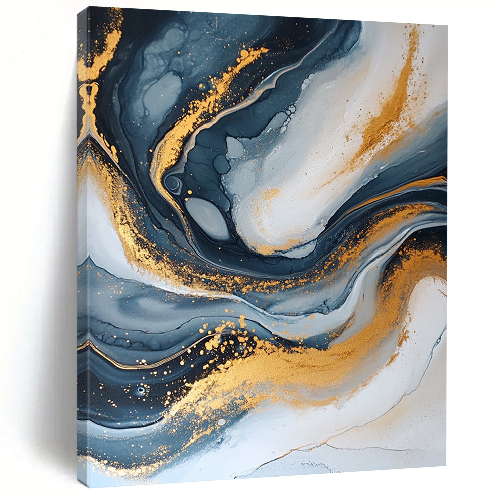 Modern Art Acrylic Black, White, and Gold Abstract Marble Painting For Sale HS114