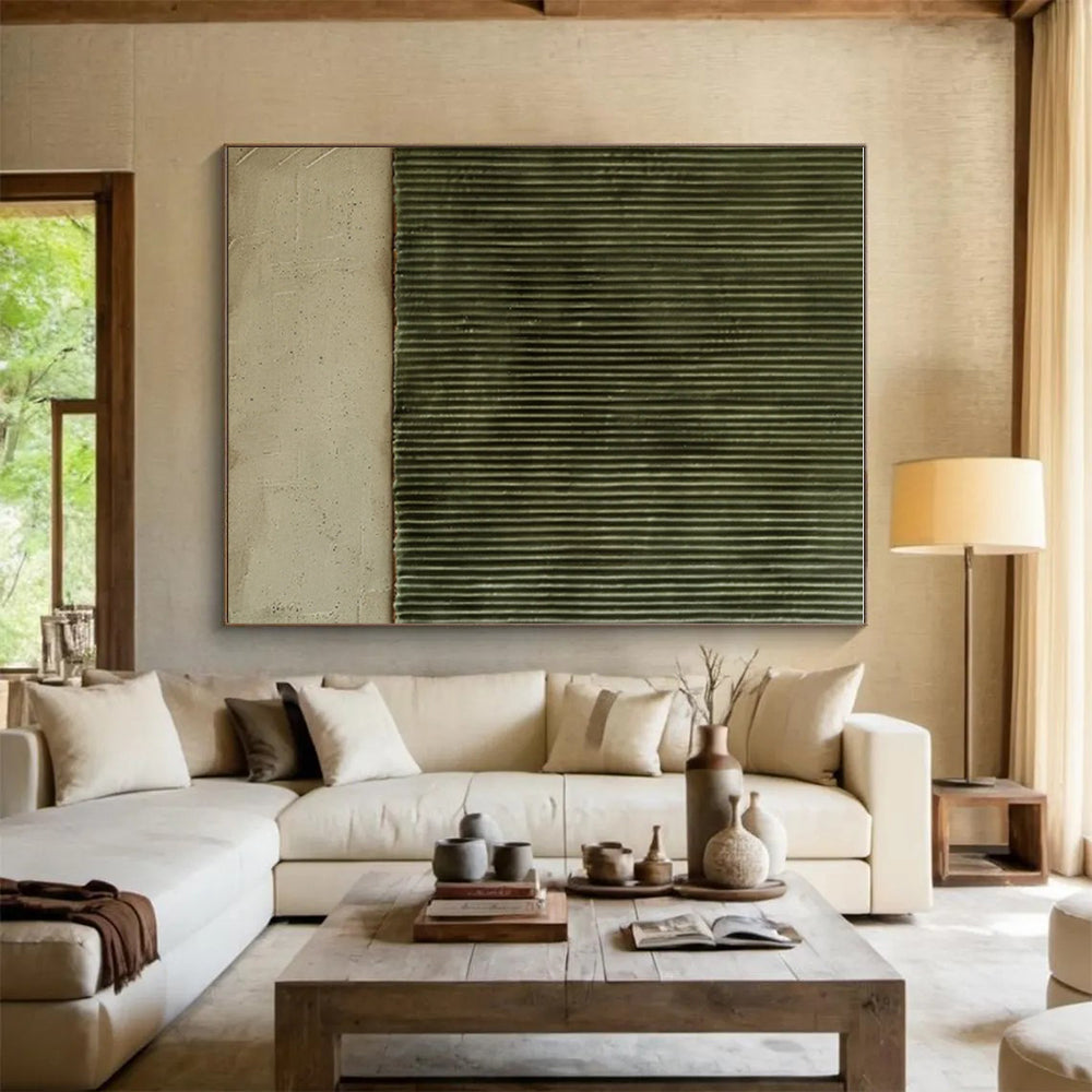 Handmade Art Green & Beige Textured Abstract, Minimalist Canvas Art HS354