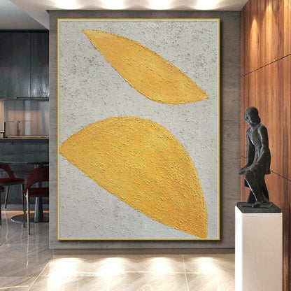 Hand-Painted Yellow and Gray Textured Abstract Leaf-Shaped Painting For Sale HS022