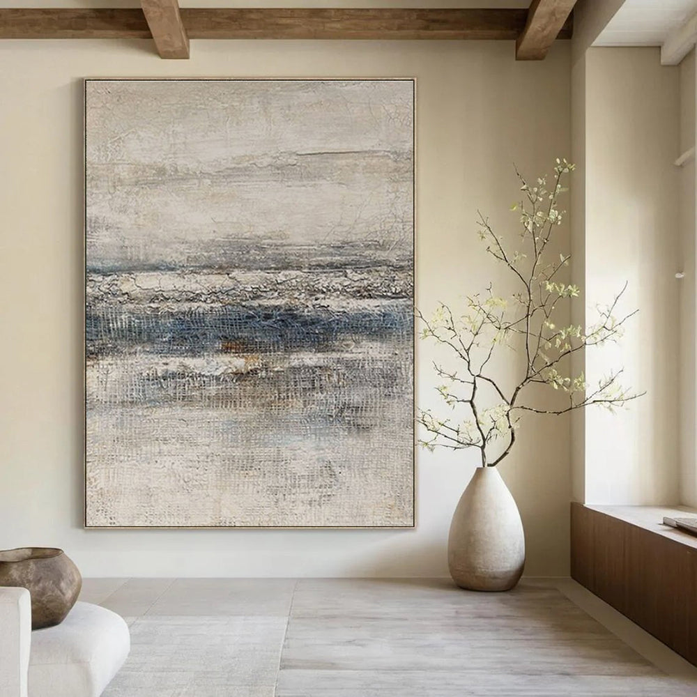 Beige, Gray, and Blue Textured Abstract Seaside Painting For Sale Online WS488