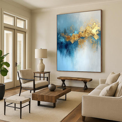 Acrylic Modern Art Paintings Blue and Gold Abstract Textured Painting For Sale HS116