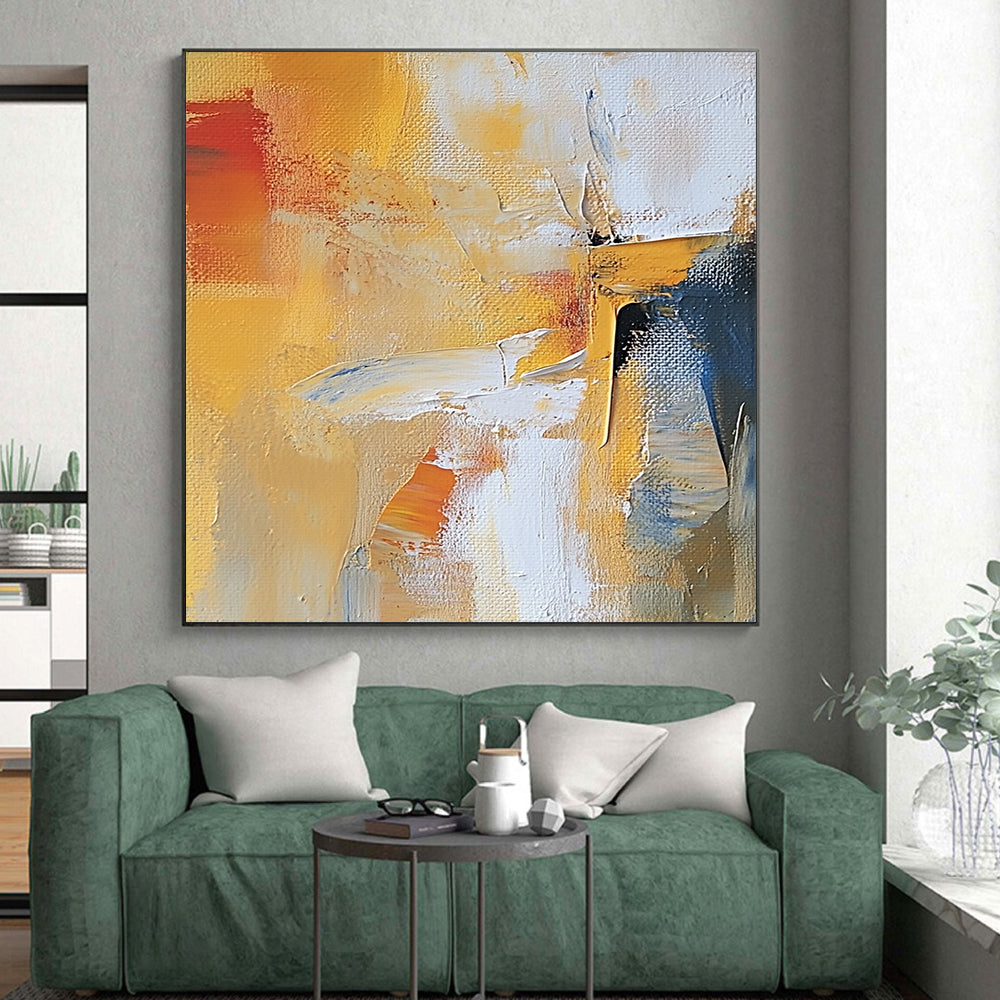 Oversized Abstract Wall Art Yellow, White, and Blue Abstract Expressive Painting For Sale HS148
