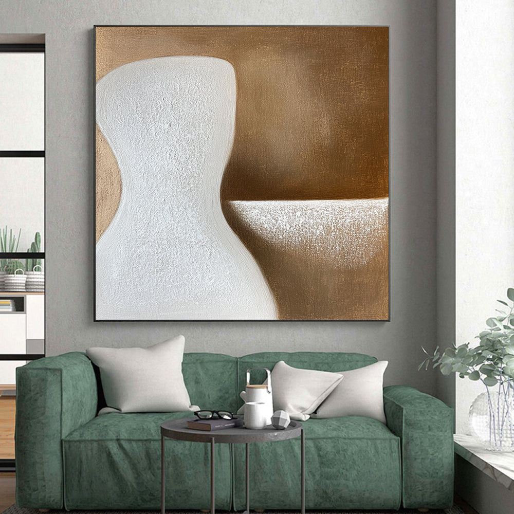 Hand-Painted White and Brown Abstract Organic Shape Painting For Sale HS161