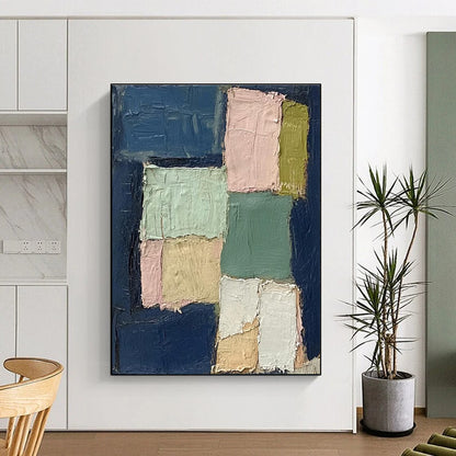 Hand Painted Art Navy & Pastel Blocks, Large Painting In Living Room HS205
