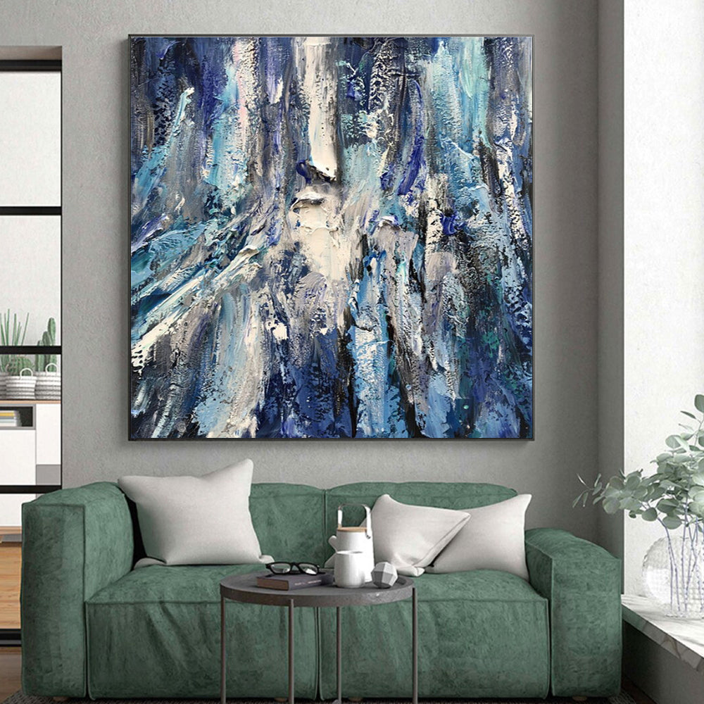 Large Contemporary Wall Art Blue and White Textured Abstract Art HS755
