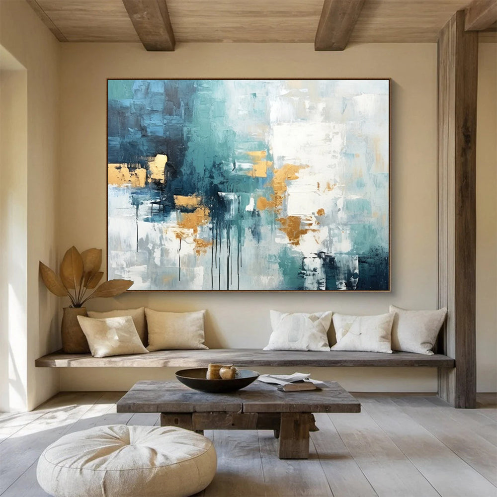 Extra Large Size Teal, Gold and White Abstract Expressionist Painting WB204