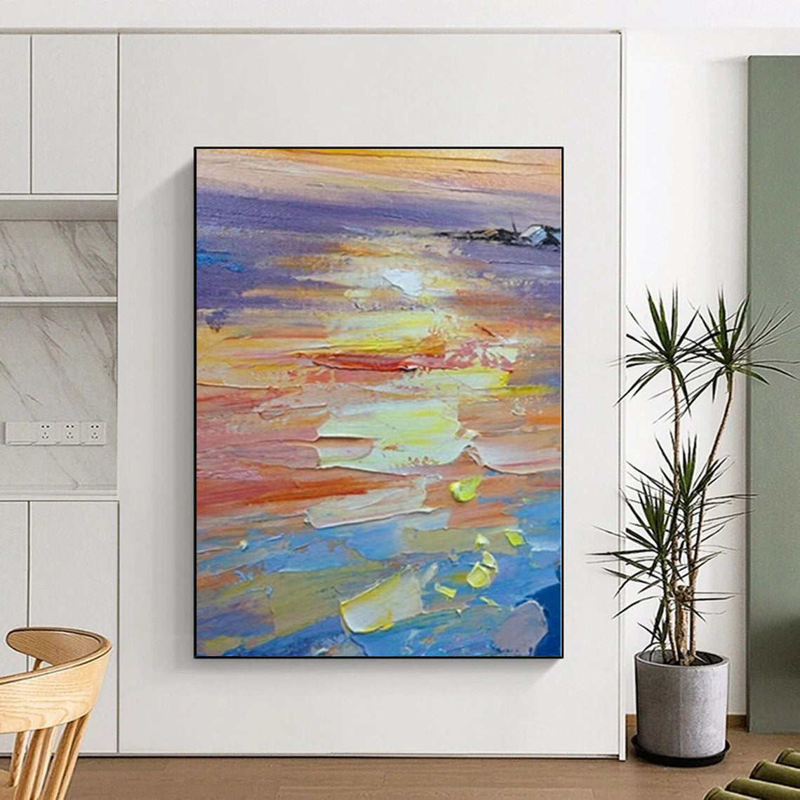 Hand-Painted Multicolor Abstract Impasto Sunset Painting For Sale HS017