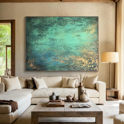Modern Art Acrylic Teal and Gold Patina Abstract Painting HS178