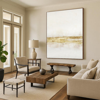 Hand-Painted White and Gold Abstract Minimalist Painting For Sale HS091