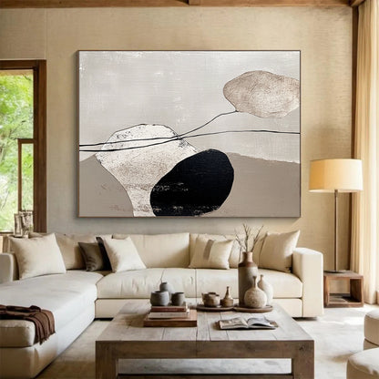 Minimalist Canvas Art Black, White, and Beige Organic Shapes Abstract Painting HS174