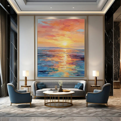 Orange, Pink, and Blue Abstract Seaside Sunset Painting For Sale Online WS481