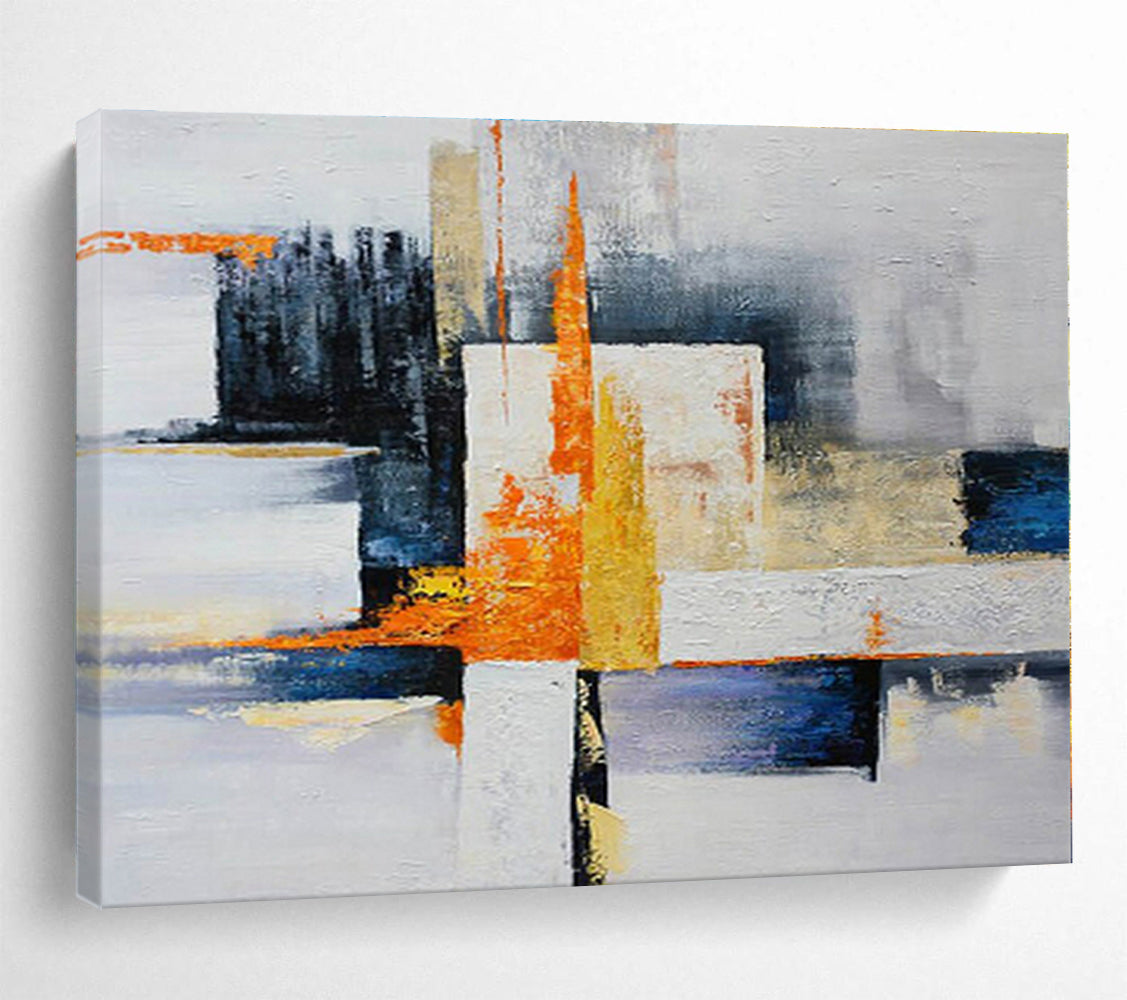 Large Size Orange, Yellow, Blue and White Abstract Geometric Painting WB065