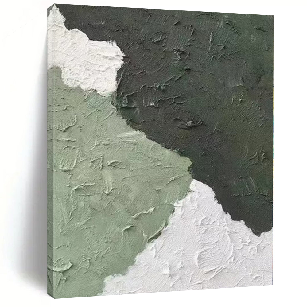 Hand-Painted Green and White Textured Abstract Shape Painting For Sale HS063