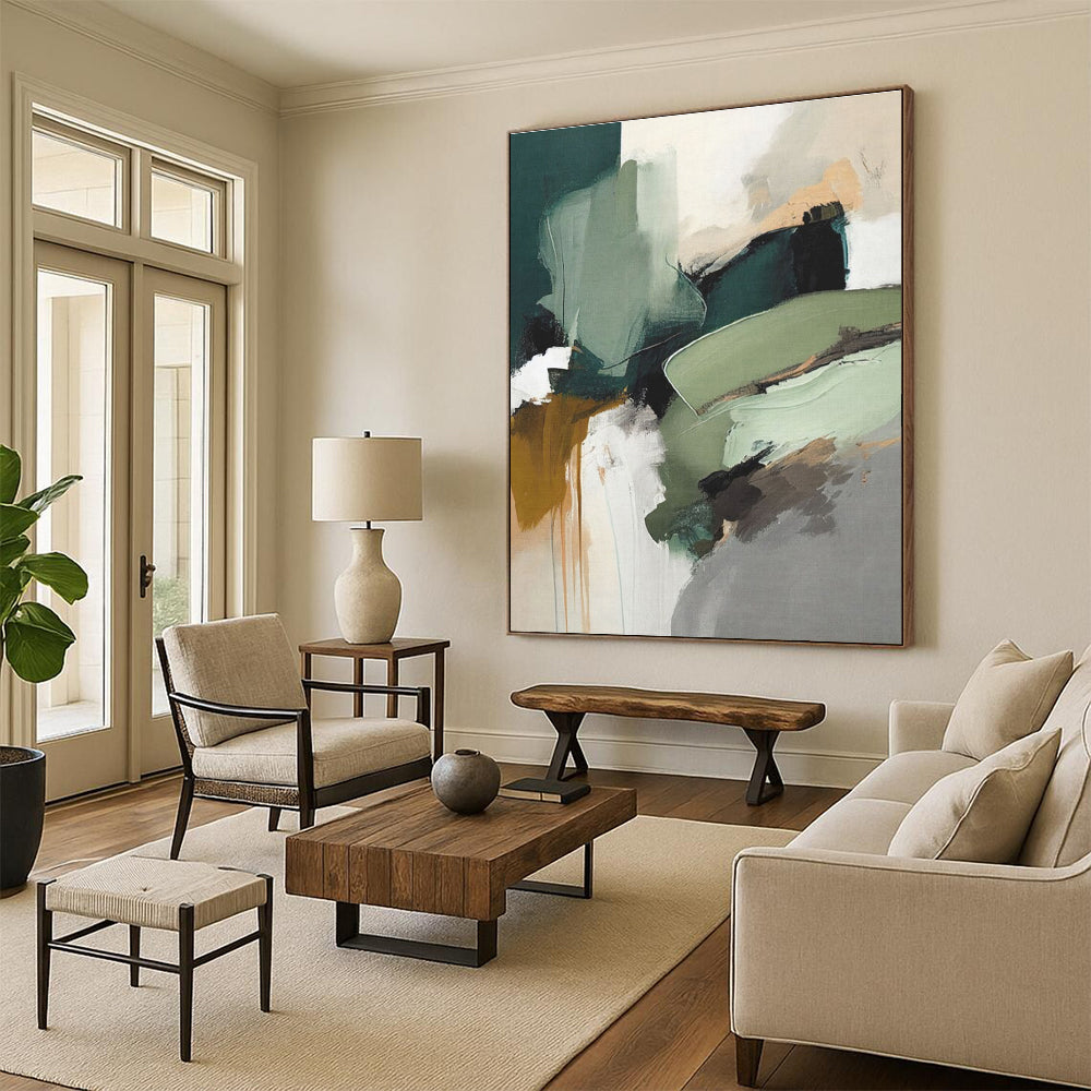 Large Contemporary Wall Art Earthy Greens and Neutrals Abstract HS577