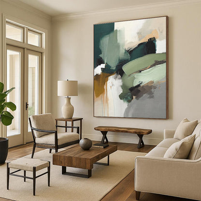 Large Contemporary Wall Art Earthy Greens and Neutrals Abstract HS577