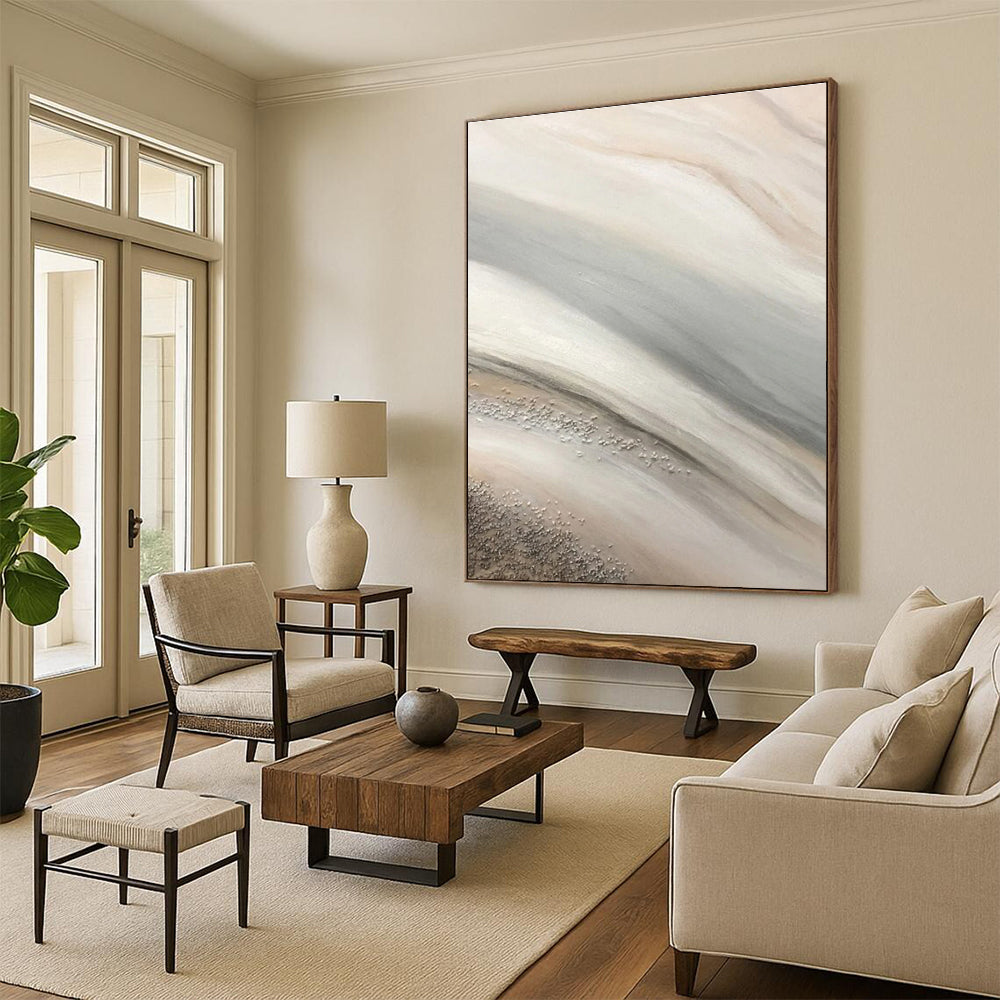 Hand Painted Art Beige and Gray Flowing Textures with Metallic Accents, Oversized Abstract Wall Art HS544