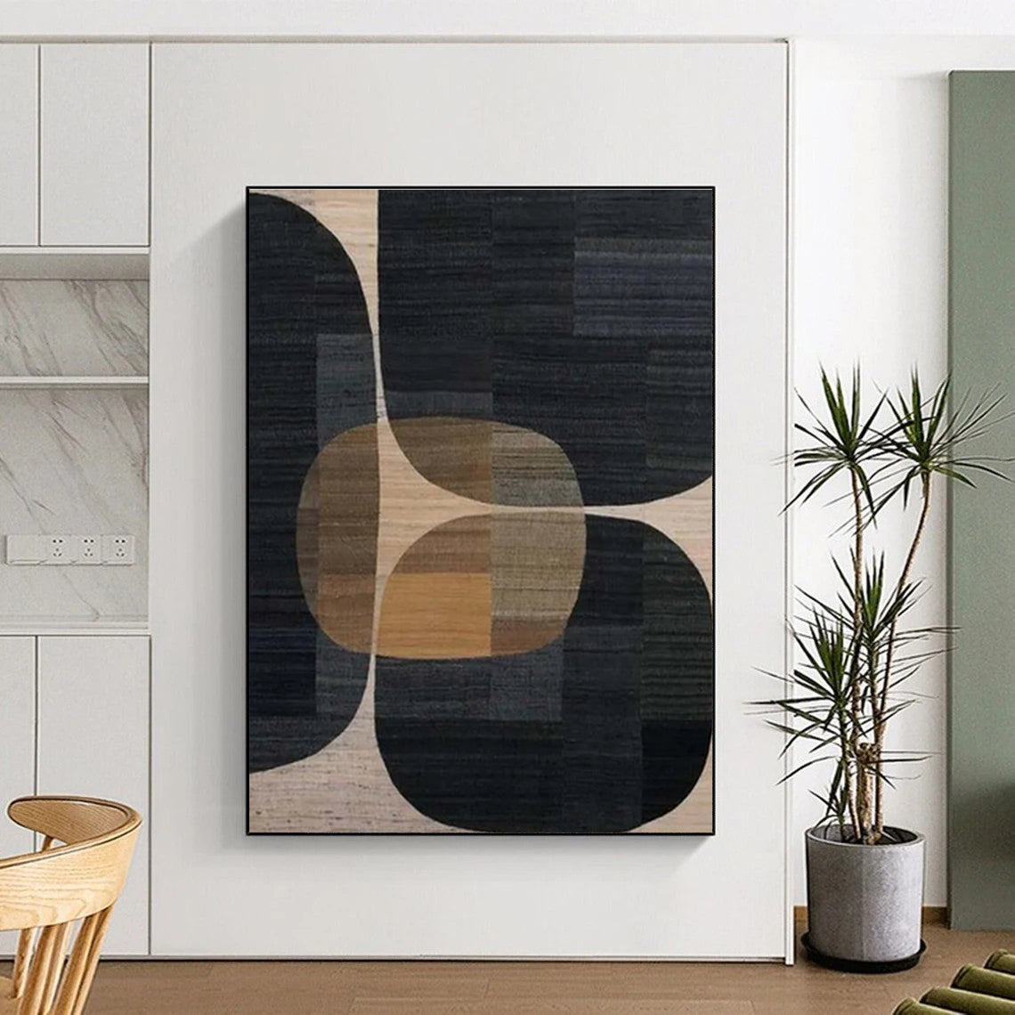 Unique Abstract Art Black, Brown & Beige Geometric Abstract, Large Contemporary Wall Art HS332