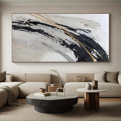 Gaint Canvas Art Black, Gold & Silver Gestural Abstract, Oversized Abstract Wall Art HS245