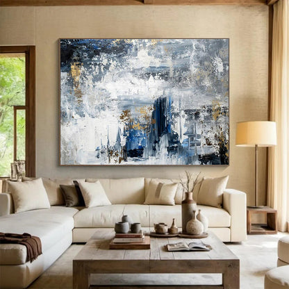 Blue, White, Gold Abstract Splash Art For Sale WB372