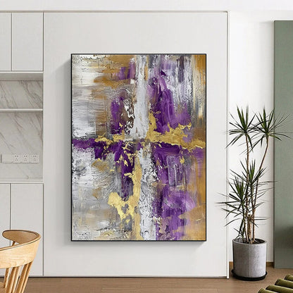 Modern Art Acrylic Purple, Gold, and Gray Abstract Composition HS593