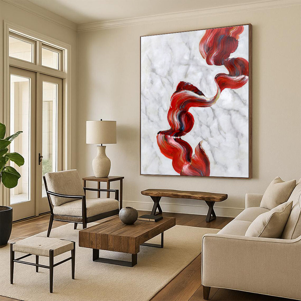 Handmade Art Red & White Abstract Flowing Ribbon Art HS396