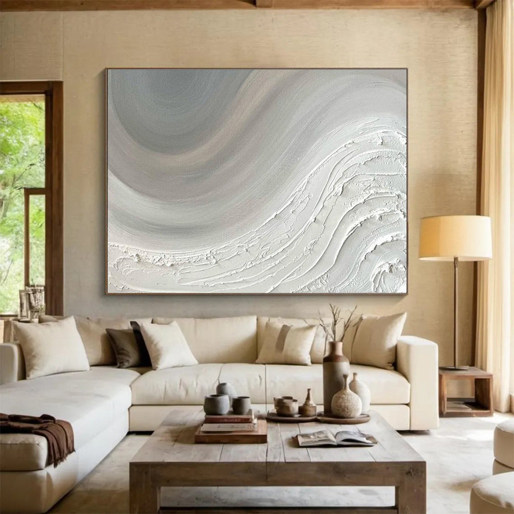 Modern Art Abstract Paintings: Monochromatic White Textured Wave Abstract Painting WB343