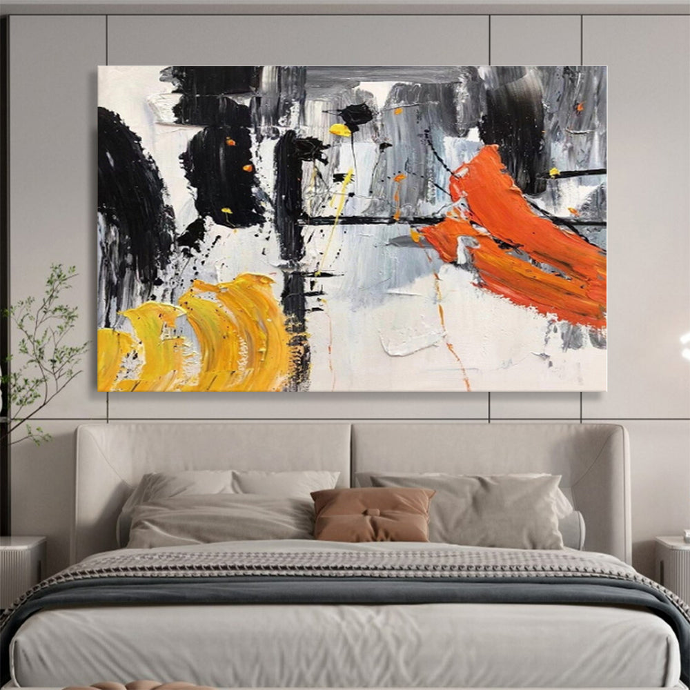 Large Size Black, White, Orange and Yellow Abstract Expressionist Painting WB061