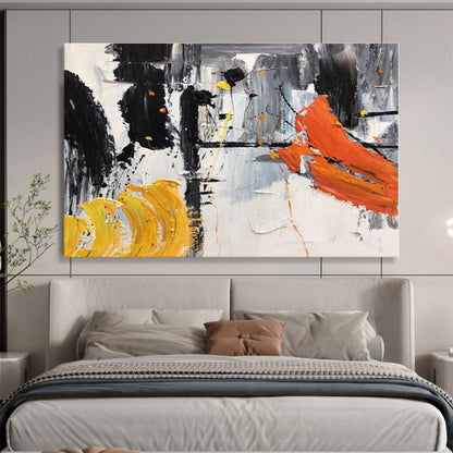 Large Size Black, White, Orange and Yellow Abstract Expressionist Painting WB061