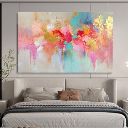 Hand Painted Art with Pink, Gold, Turquoise and Red Colors, Colorful Abstract Floral Theme WB302
