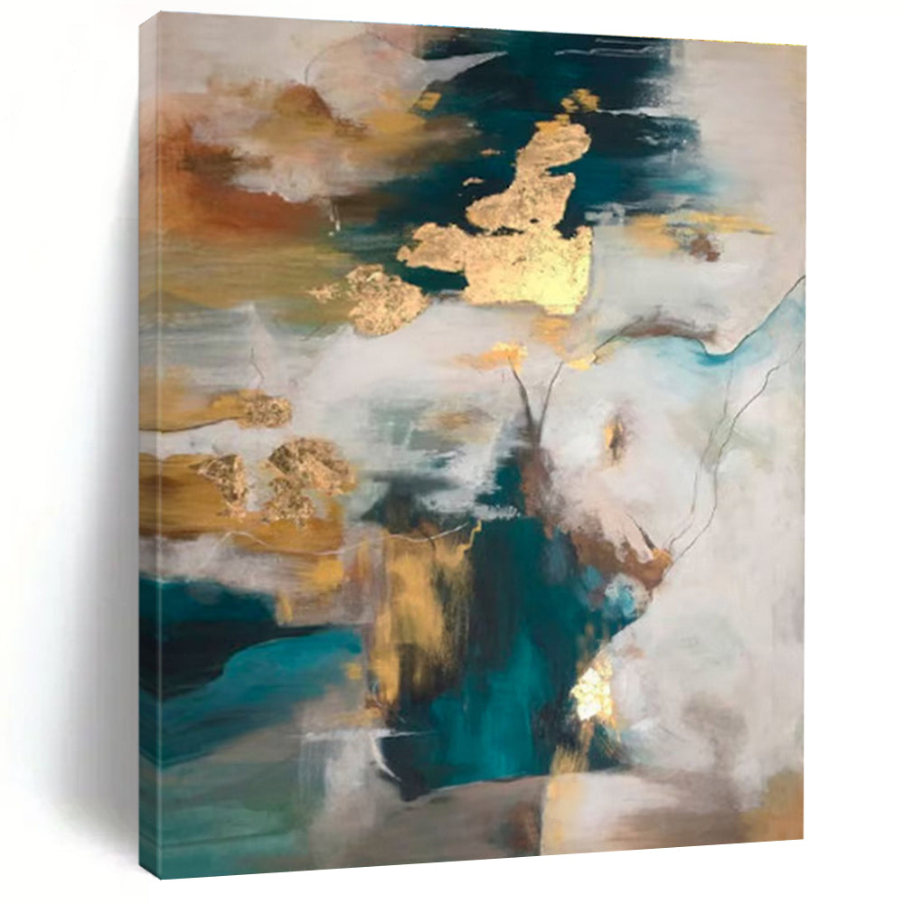 Acrylic Modern Art Paintings Teal, Gold, and Neutral Abstract Composition HS649