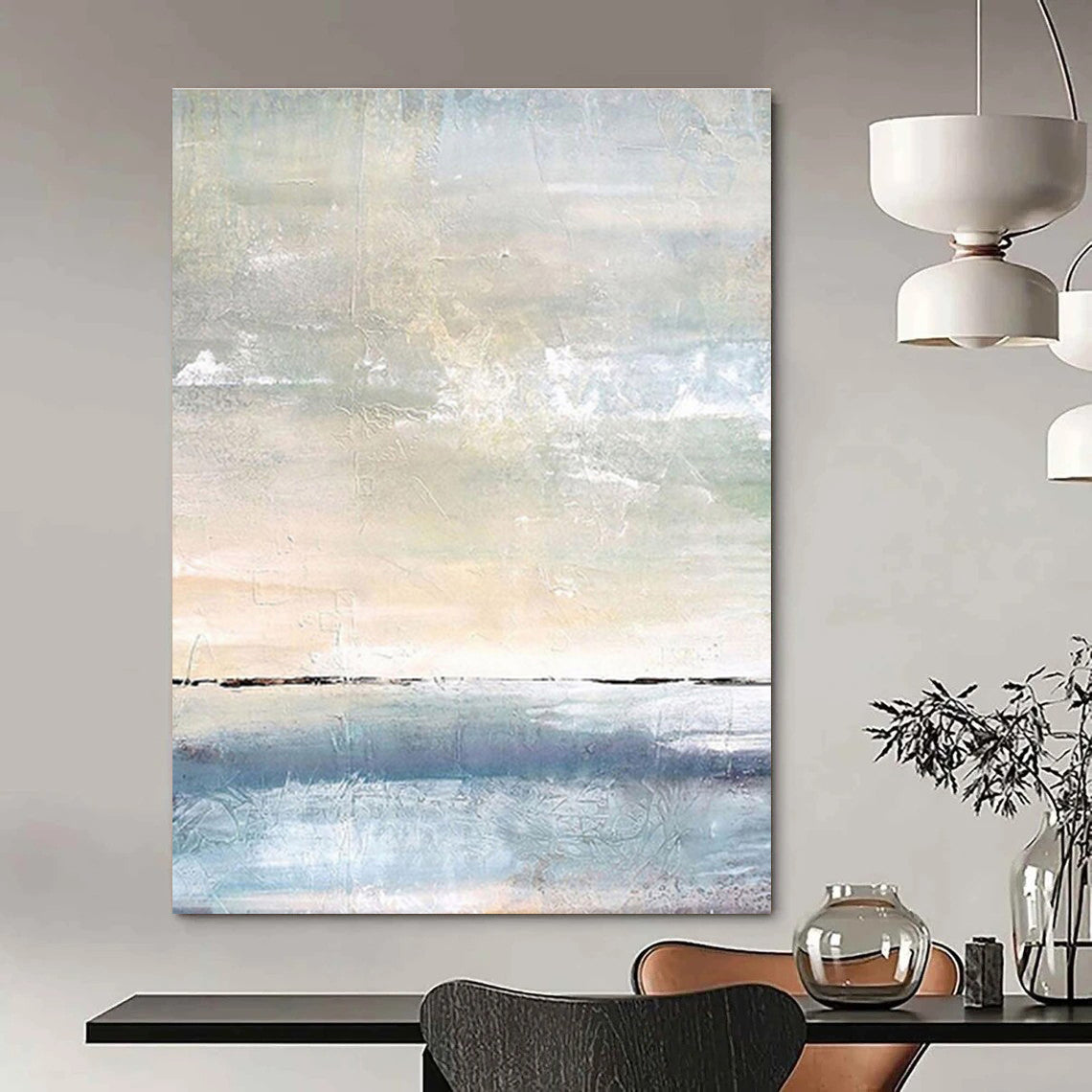 Light Blue, Beige, and White Textured Abstract Seascape Painting For Sale Online WS471