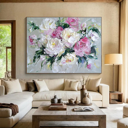 Hand Painted Art with Pink, White and Green Colors, Peony Bouquet Theme Abstract Painting WB321