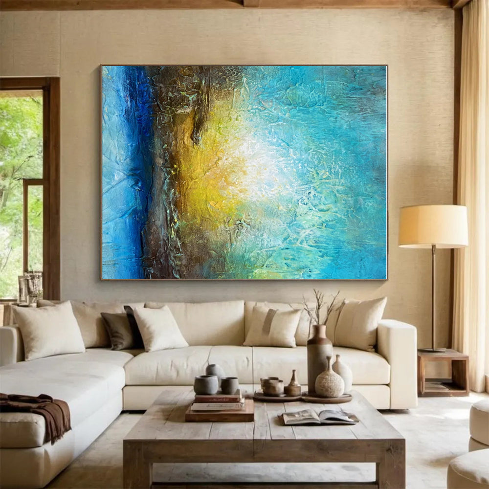 Hand Painted Art Blue, Gold & White Textured Abstract, Large Contemporary Wall Art HS290
