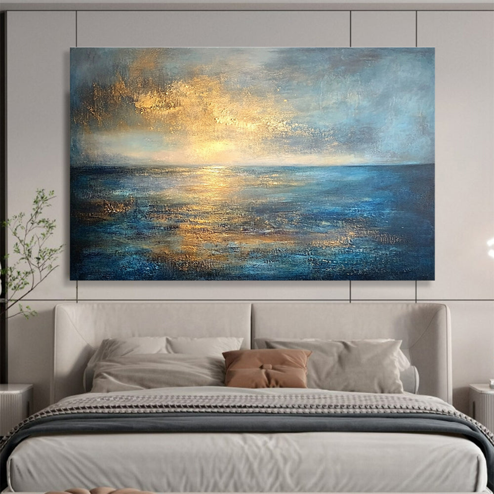 Huge Size Blue, Gold, and Gray Abstract Sunset Over Ocean - Acrylic Painting WB288