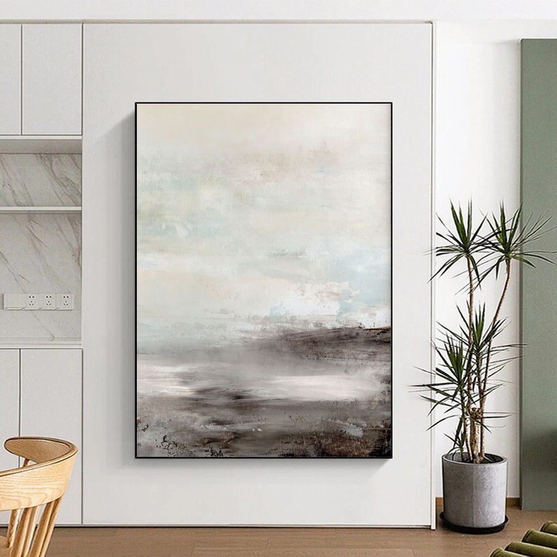 Hand-Painted Gray & Beige Textured Landscape, Large Contemporary Wall Art HS238