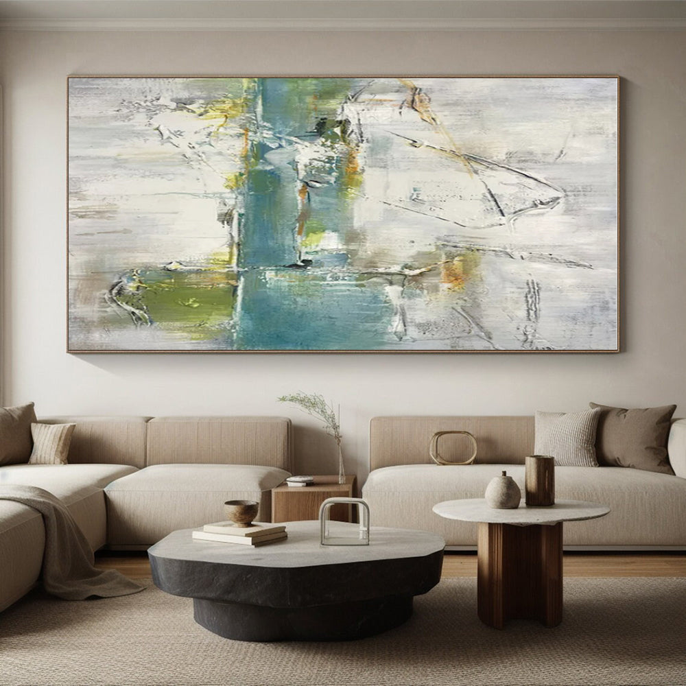 Large Painting In Living Room Gray, Blue, and Green Textured Abstract Art HS609