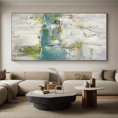 Large Painting In Living Room Gray, Blue, and Green Textured Abstract Art HS609