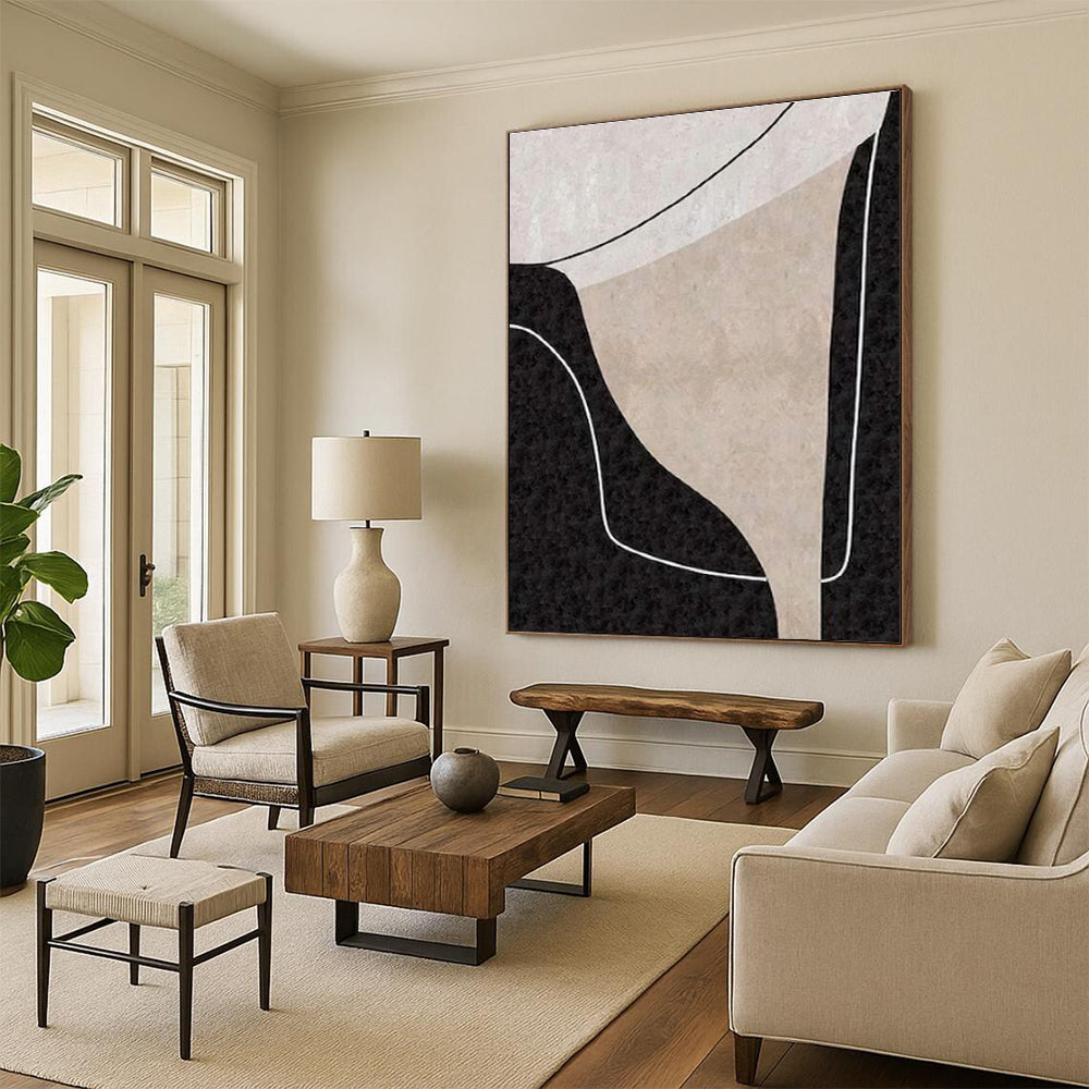 Minimalist Canvas Art Black, Beige, and White Organic Abstract Art HS712